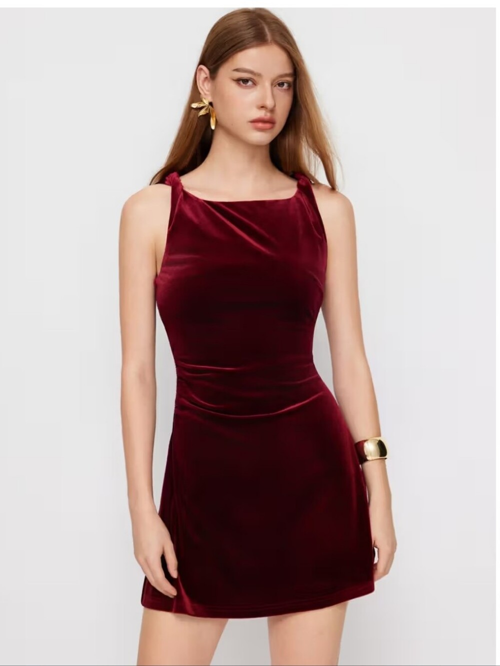 Cider Velvet Ruched Boat Neck Mini Dress - Wine